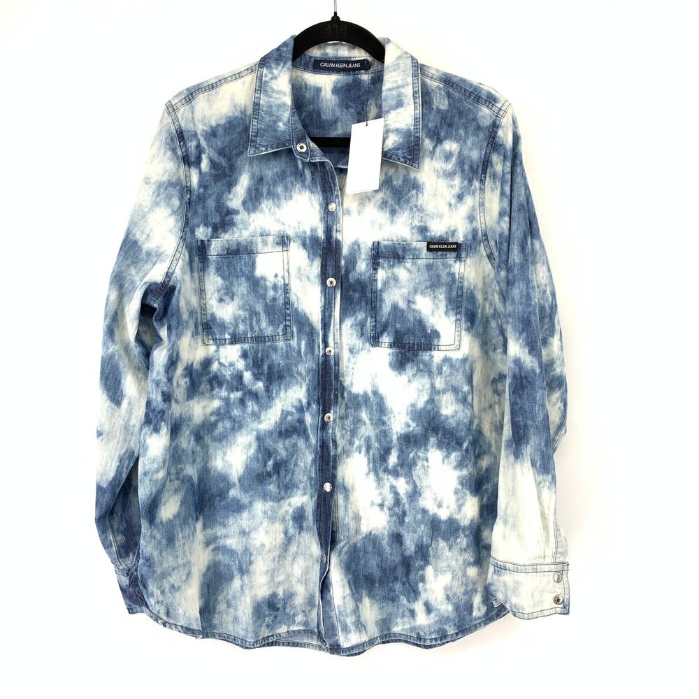 Calvin Klein Jeans Button Front Tie Dye Long Sleeve Top Womens Sz XL Blue White